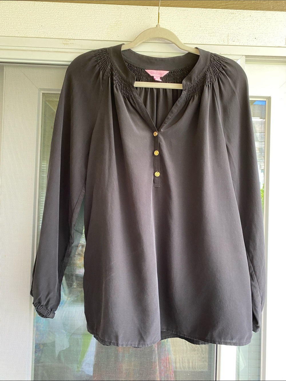 Lilly Pulitzer Black Smocked-Yoke Blouse